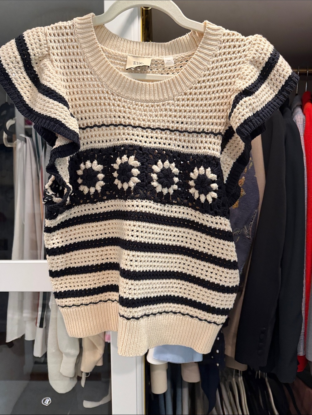 Elie. Striped Knit Sweater in Cream & Black Like New